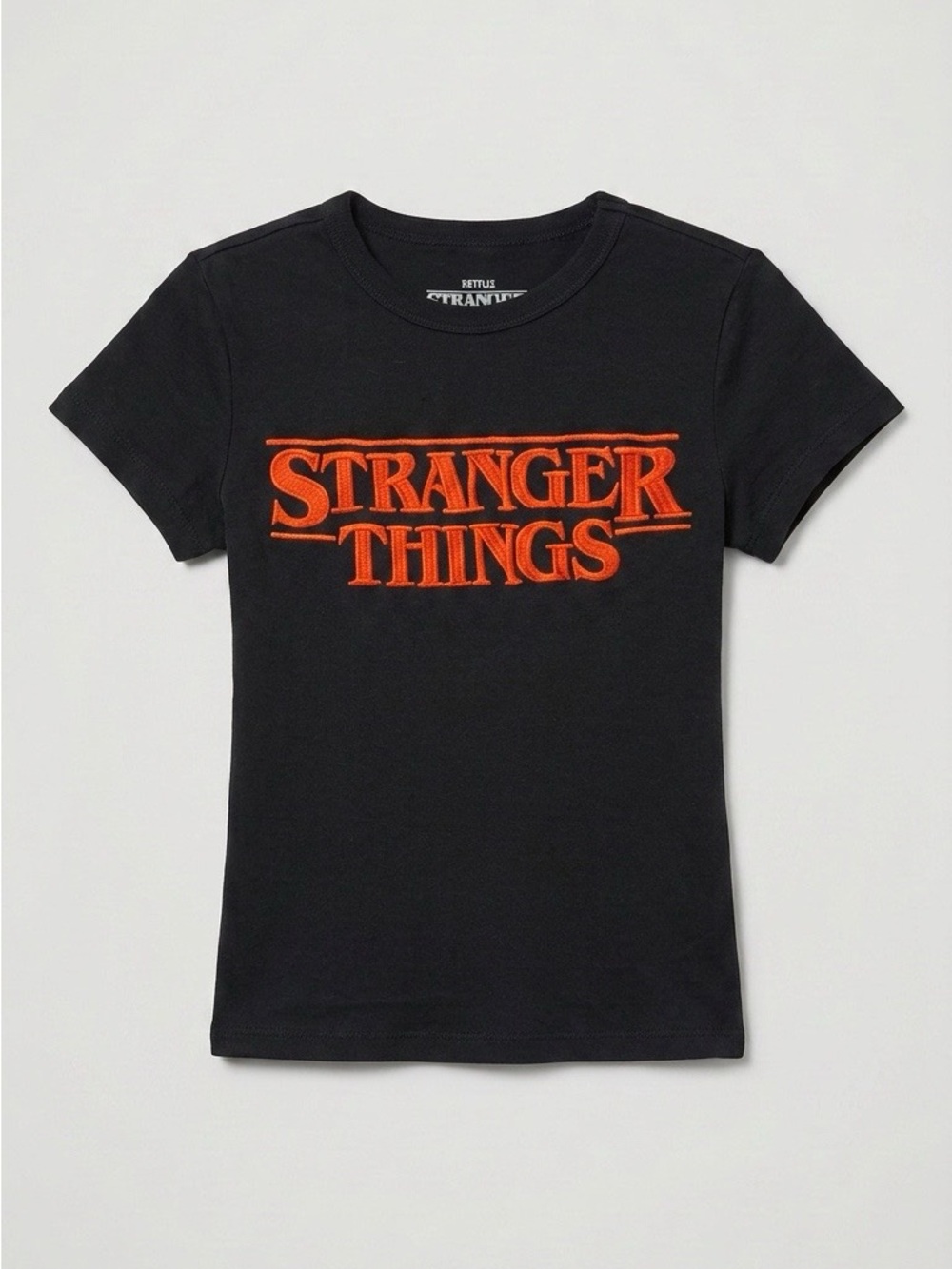 Netflix Stranger Things Embroidered Logo Graphic Tee Black Cotton Short Sleeve